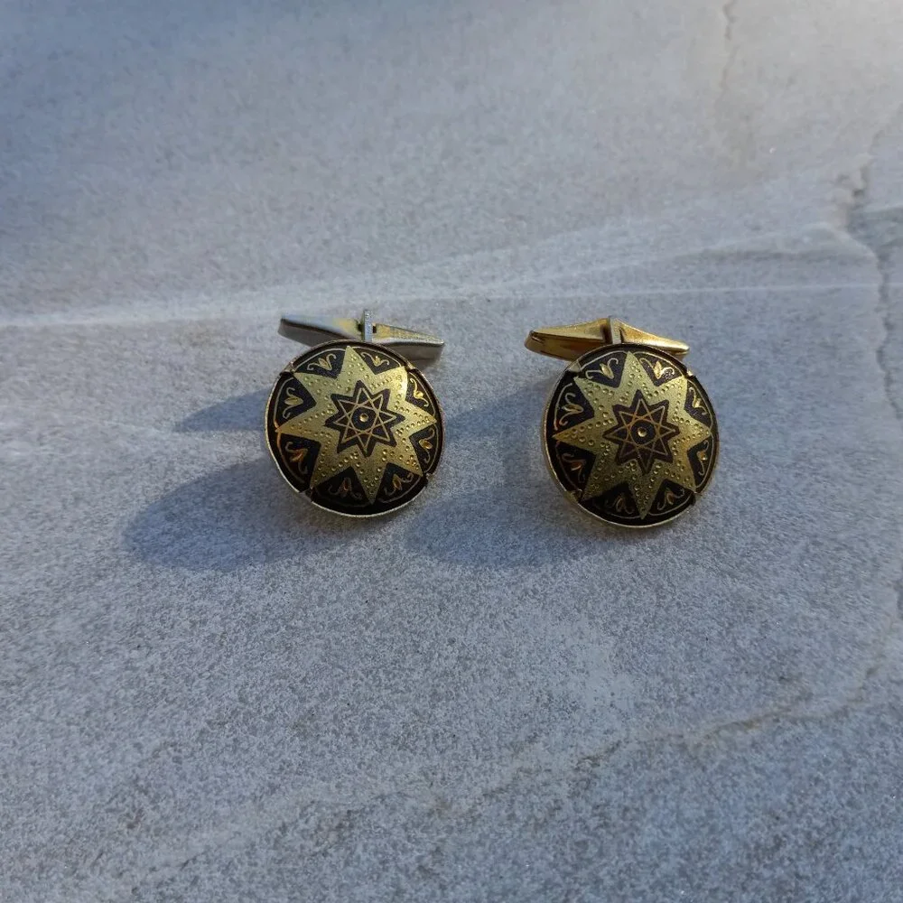 Spanish Damascene Octagram Cufflinks ~ Black & Gold